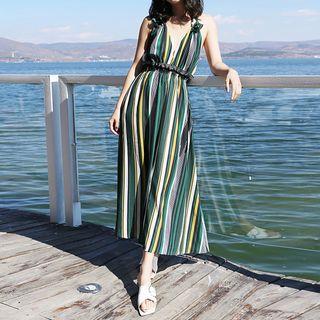 Striped Halter Open Back Midi Chiffon Sundress