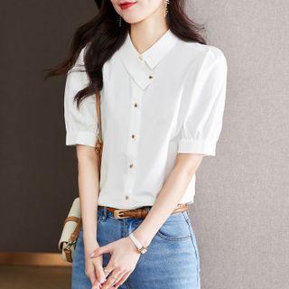 Puff-sleeve Asymmetrical Neck Shirt