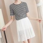 Set : Stripe Short-sleeve T-shirt + Accordion Mini Skirt