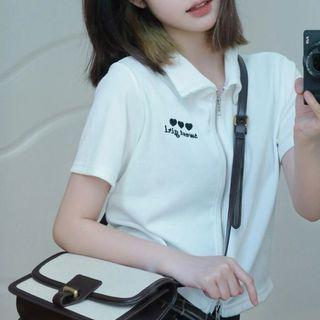Short-sleeve Lettering Zip-up Polo Shirt