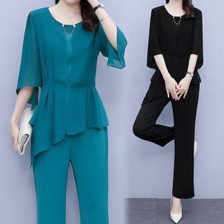 Set: Flared-sleeve Asymmetrical Blouse + Bootcut Pants