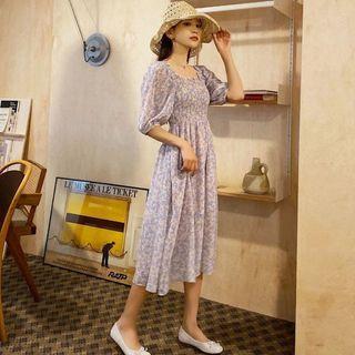 Elbow-sleeve Square-neck Ruffle Trim Panel Floral Dress