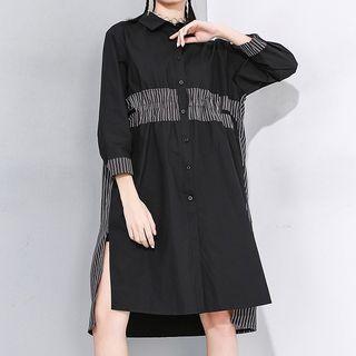 Striped Panel Slit Shirtdress Black - One Size