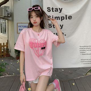 Short-sleeve Round-neck Heart Print T-shirt