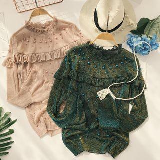 Bell-sleeve Frilled Beaded Mesh Top