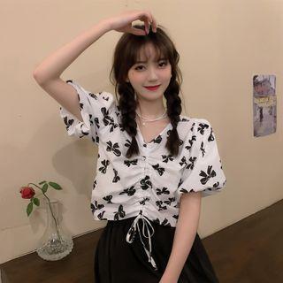 Puff-sleeve Ribbon Print Blouse