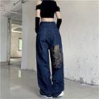Dragon Embroidered High-waist Wide-leg Jeans