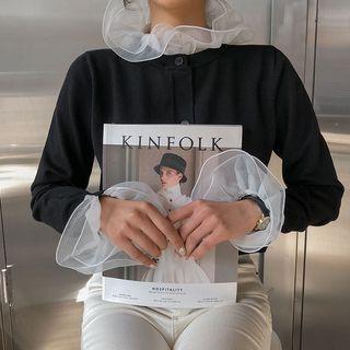 Detachable-frill Knit Cardigan Black - One Size