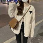 Heart Embroidered Fleece Zip-up Jacket Milky White - One Size