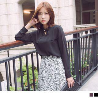 Cutout Stand Collar Long Sleeve Chiffon Top