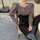 Square-neck Floral Blouse / Plain Bow Straight-cut Pants