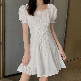 Short-sleeve Frill Trim Lace-up A-line Dress