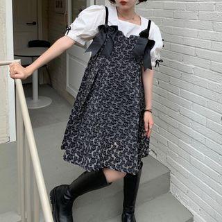 Puff-sleeve Bow-accent Top / Spaghetti Strap Floral Print A-line Dress
