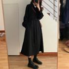 Long-sleeve Buttoned A-line Midi Chiffon Dress Black - One Size