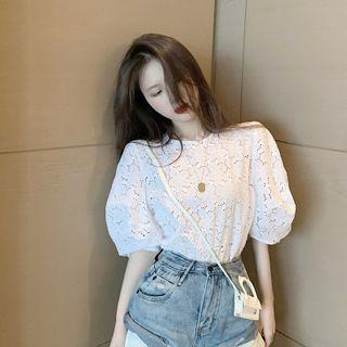 Pointelle Short-sleeve Top White - One Size