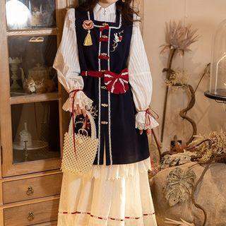 Embroidered Button-up Vest / Long-sleeve Plain Shirt / Midi A-line Skirt / Belt / Bow / Brooch / Set