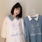 Rabbit Print Elbow-sleeve Polo Shirt