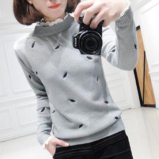 Leaf Embroidered Lace Trim Mock Neck Sweater