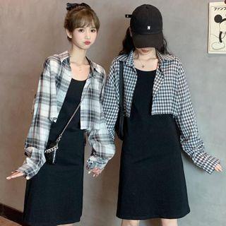 Long-sleeve Plaid Shirt / Spaghetti Strap Midi Knit Dress