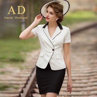 Striped One-button Blazer / Pencil Skirt