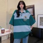 Elbow-sleeve Collar Half-zip Lettering T-shirt