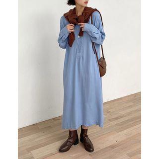 Half-placket Silky Long Shirtdress
