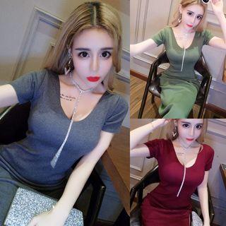 Short-sleeve Sheath Midi Knit Dress