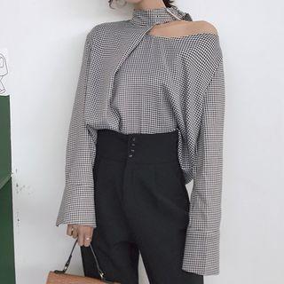 Long-sleeve Cutout Plaid Top 160/84a - Plaid - Black & White - One Size