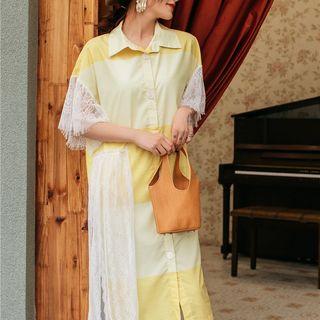 Elbow-sleeve Lace Paneled Midi Shirt Dress