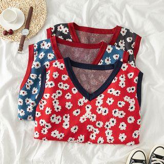 Contrast Trim Floral Knit Vest