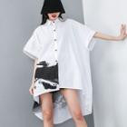 Elbow-sleeve Print Shirt Dress White - One Size