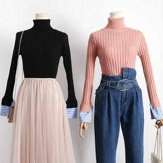 Striped Panel Turtleneck Long Sleeve Knit Top