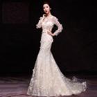 Corsage Long-sleeve Trained Mermaid Wedding Gown