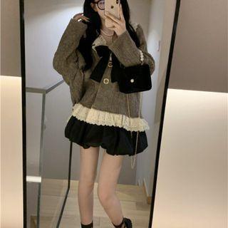 Lace Bow Oversize Sweater / High-waist Plain A-line Mini Skirt