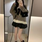 Lace Bow Oversize Sweater / High-waist Plain A-line Mini Skirt
