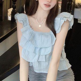 Ruffled Trim Sleeveless Cropped Blouse Blue - One Size
