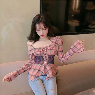 Asymmetric Cold-shoulder Plaid Blouse