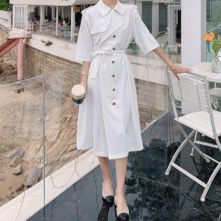 Elbow-sleeve Tie-waist Midi Collared Dress