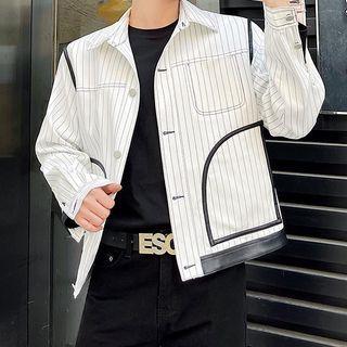 Striped Faux Leather Trim Shirt Jacket