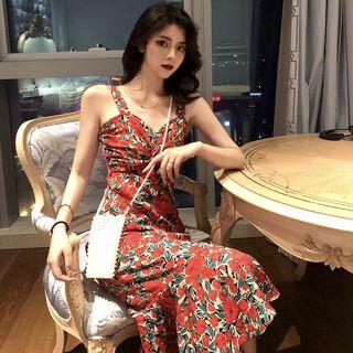 Floral Slim-fit Sleeveless Dress Red - One Size