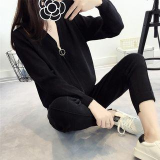 Set: V-neck Knit Zip Jacket + Cropped Slim Fit Pants
