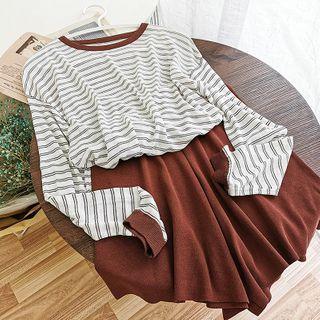 Set: Striped Long-sleeve Knit Top + Wide-leg Shorts