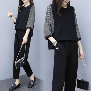 Set: 3/4-sleeve Striped Panel Top + Cropped Pants