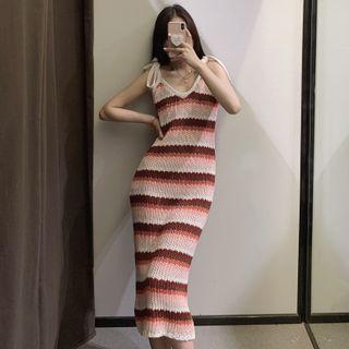Striped Shoulder-tie Midi Knit Dress