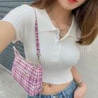 Short-sleeve Knit Crop Polo Shirt White - One Size