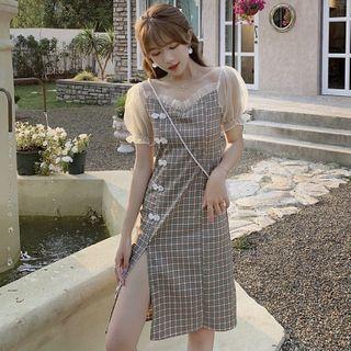 Mesh Puff-sleeve Panel Plaid Qipao Dress