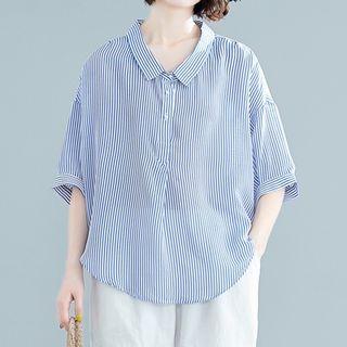 Elbow-sleeve Dip-back Striped Shirt