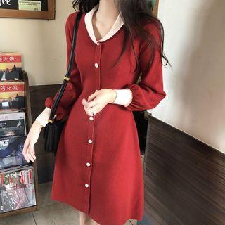 Color-block Faux-pearl Long-sleeve Knit Dress