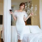 Short-sleeve Shaggy Trim Off-shoulder Midi Dress