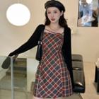 Spaghetti Strap Plaid Mini Dress / Long-sleeve Cardigan